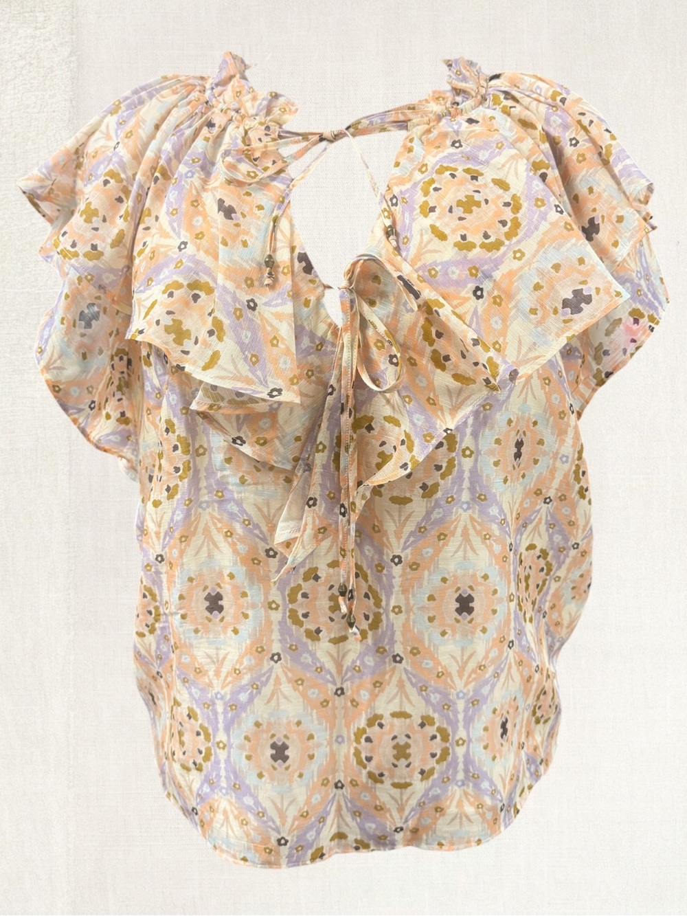 MARIE OLIVER Floral Ruffle Tie-Front Women’s Top - Pastel Peach & Lilac